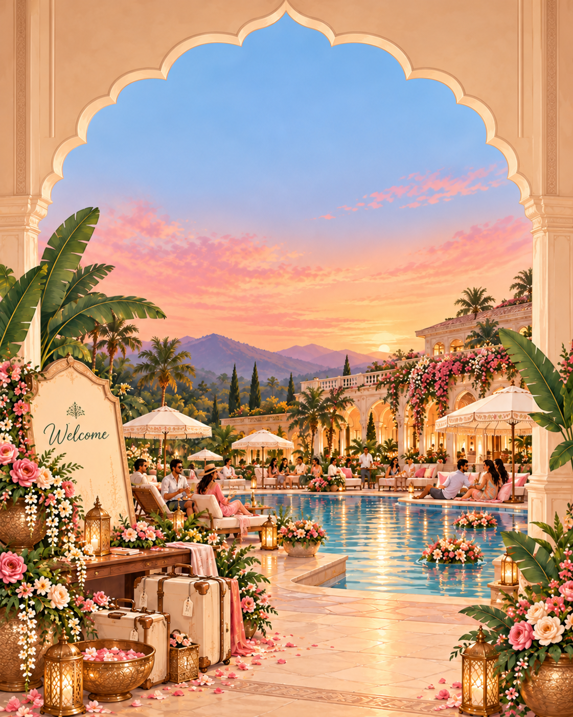 A floral welcome arch with hanging lanterns overlooking the resort pool at sunset